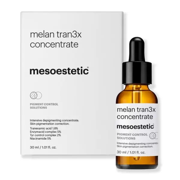 Melan Tran3x Concentrate Mesoestetic con envase y packaging Melan Tran3x Concentrate Mesoestetic sérum antimanchas con ácido tranexámico