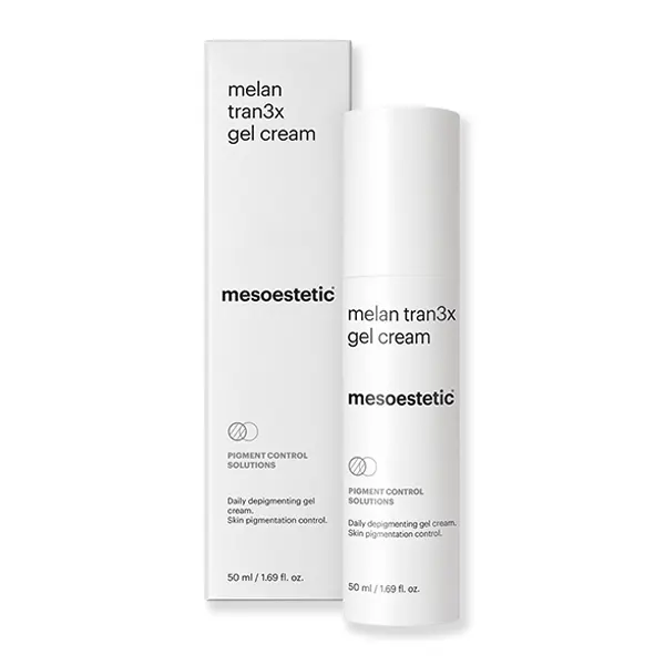 Melan Tran3x Gel Cream con packaging Melan Tran3x Gel Cream Mesoestetic crema antimanchas con envase