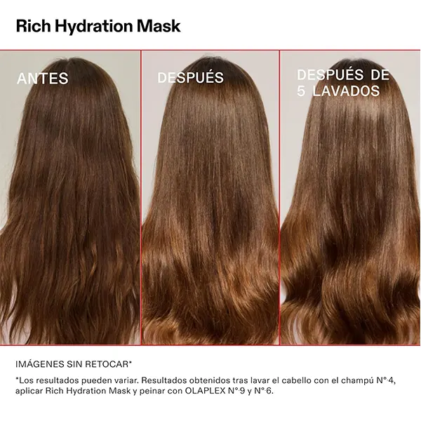 Resultados visibles en cabello liso Olaplex Rich Hydration Mask antes y después cabello liso